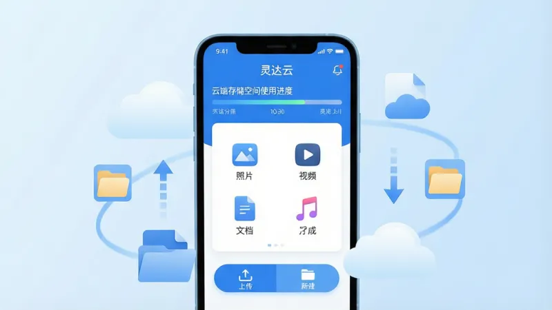 一张展示“灵达云”应用核心界面的宣传图,画面中央是手机屏幕,屏幕内显示“灵达云”APP主界面,界面以蓝白配色为主,顶部显示云端存储空间使用进度条,中部是文件分类图标(照片、视频、文档、音乐),底部是上传和新建文件夹按钮,手机周围环绕着漂浮的云朵、文件图标和数据同步箭头,背景是干净的浅蓝色渐变,风格现代扁平化,细节圆润清晰,画质干净无多余元素