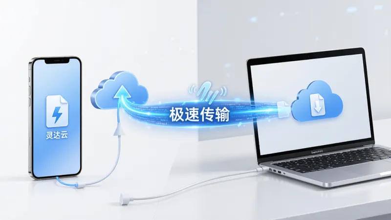 一张展示“灵达云”极速传输功能的场景图,画面左侧是一部手机正在向云端上传文件,右侧是一台笔记本电脑正在从云端下载文件,中间用一道发光的蓝色数据流连接,数据流上标注“极速传输”字样,背景是简洁的白色和浅灰色,风格科技感十足,细节清晰,画质干净无多余元素