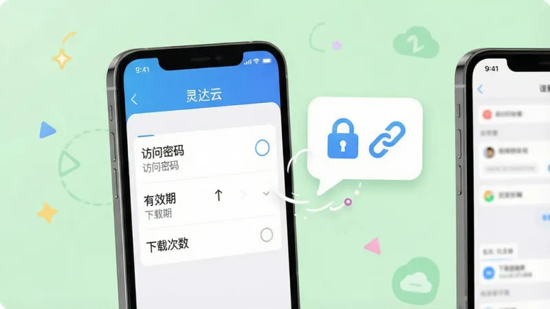 一张展示“灵达云”文件分享功能的示意图,画面中央是一部手机屏幕,屏幕上显示分享设置面板,包含“访问密码”“有效期”“下载次数”等选项,手机旁边有一个带有锁形图标和链接符号的分享气泡飞向另一部手机,背景是柔和的浅绿色,风格简洁明快,细节清晰,画质干净无多余元素