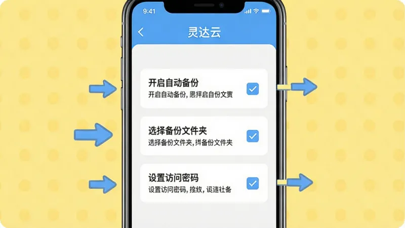 一张展示“灵达云”新手设置引导界面的图片,画面中央是手机屏幕,屏幕上显示设置向导页面,包含“开启自动备份”“选择备份文件夹”“设置访问密码”等步骤选项,每个选项旁边有勾选框和说明文字,手机周围有箭头指示操作流程,背景是明亮的浅黄色,风格友好亲切,细节清晰,画质干净无多余元素