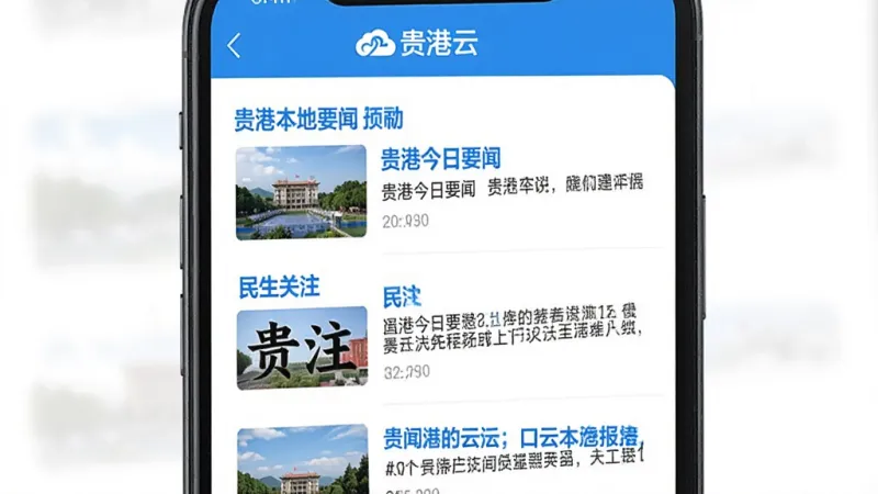 一张“贵港云”App新闻列表页面的界面截图风格图片,画面中手机屏幕显示多条贵港本地新闻标题,如“贵港今日要闻”“民生关注”等,每条新闻配有小缩略图,顶部有“贵港云”Logo,整体排版清晰,蓝色标题文字醒目,背景干净,画质清晰