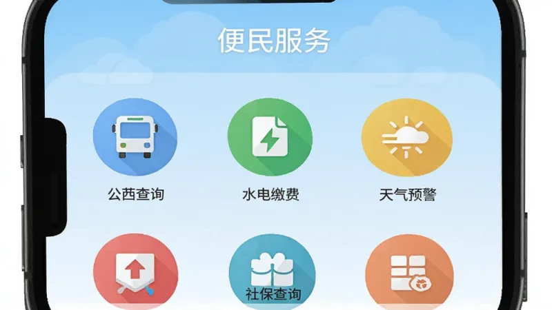 一张展示“贵港云”App便民服务页面的手机界面图,屏幕中显示公交查询、水电缴费、天气预警、社保查询等彩色圆形图标整齐排列,背景为淡蓝色渐变,顶部有“便民服务”字样,风格扁平化,画质干净无多余元素