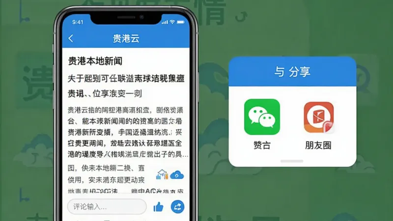 一张“贵港云”App新闻详情页与分享功能的示意图,手机屏幕显示一篇贵港本地新闻文章,底部有评论输入框和点赞、分享按钮,分享菜单中显示微信、朋友圈等图标,画面风格清爽,蓝色主色调,画质清晰无多余元素