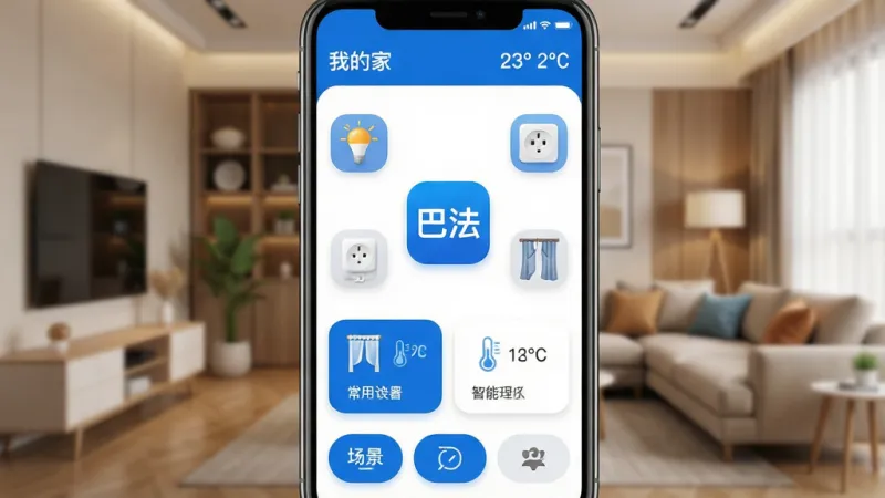 手机屏幕展示智能家居控制中心界面,屏幕中央是
