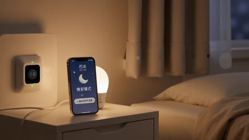 一张温馨的卧室场景图,床头柜上放着一部手机,手机屏幕显示