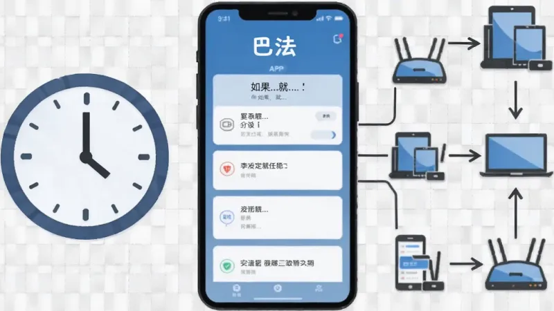 一张信息图风格的插画,画面左侧是一个时钟图标代表定时任务,右侧是多个设备图标用箭头连接表示联动关系,中间是