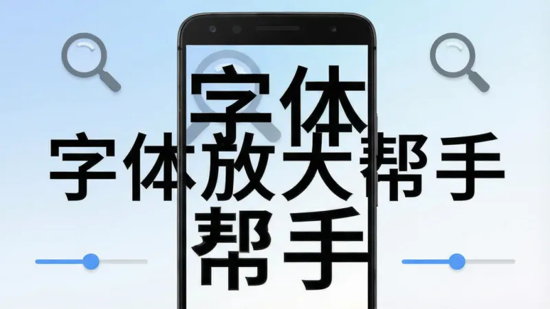 一张展示字体放大帮手软件核心功能的手机界面截图,画面中央是一部安卓手机,屏幕显示着被放大后的清晰大字文本,文字内容为“字体放大帮手”,周围环绕着放大镜图标和调节滑块,背景是柔和的蓝白渐变色调,整体风格简洁现代,布局清晰,画质干净无多余元素