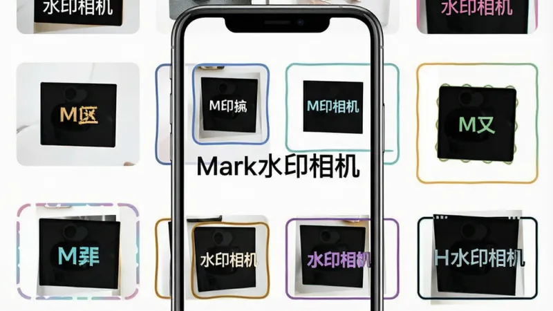 一张展示Mark水印相机水印样式自定义功能的图片,主体是手机屏幕中显示多个不同样式的水印模板排列,布局为网格状展示,排版整齐,风格清新简约,细节上每个水印模板颜色和边框各不相同,画质干净明亮,无多余元素,画面中带有“Mark水印相机”文字标识。