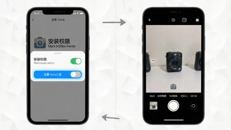 一张展示Mark水印相机新手使用步骤的图片,主体是手机屏幕中显示安装权限设置界面和拍照界面并排展示,布局为左右分栏左边是权限开关右边是相机取景,排版清晰,风格扁平化教程风,细节上权限按钮高亮显示,画质干净无多余元素,画面中带有“Mark水印相机”文字标识。