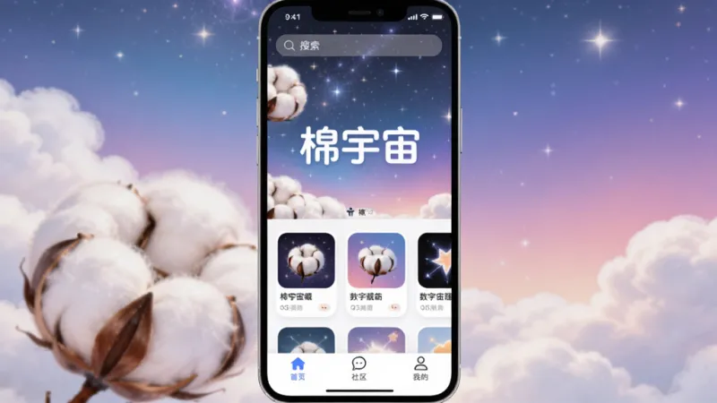 棉宇宙App主界面全貌展示,手机屏幕中央是“棉宇宙”文字标识,背景是柔和的棉花云朵与星空渐变,界面布局简洁,顶部为搜索栏,中间是数字藏品卡片流,底部有首页、社区、我的三个图标,风格清新现代,画质干净,无多余元素