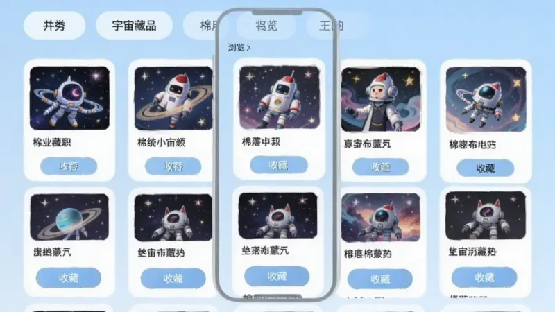 棉宇宙数字藏品浏览界面,手机屏幕显示多张数字艺术卡片,每张卡片有缩略图、名称和收藏按钮,背景是淡蓝色渐变,顶部有分类标签,风格简洁明快,画质清晰,无多余元素