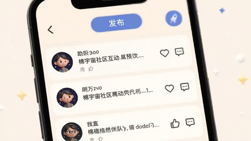 棉宇宙社区互动页面,手机屏幕显示用户动态列表,有头像、文字内容和点赞评论图标,背景是暖白色,顶部有发布按钮,风格社交化,画质干净,无多余元素