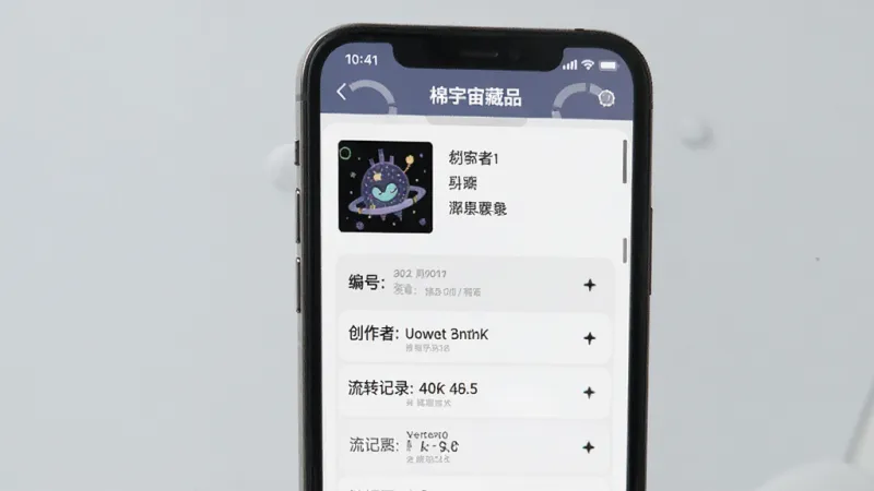 棉宇宙藏品溯源查询界面,手机屏幕显示一件数字藏品的详细信息页,包括编号、创作者、流转记录列表,背景是浅灰色,风格信息型,画质清晰,无多余元素