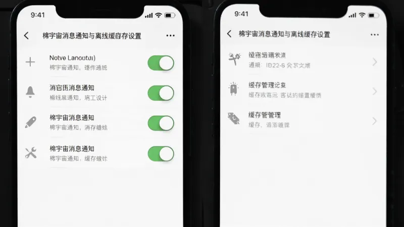 棉宇宙消息通知与离线缓存设置界面,手机屏幕显示通知开关列表和缓存管理选项,背景是白色,风格工具型,画质干净,无多余元素