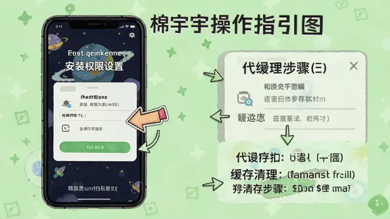 棉宇宙新手操作指引图,手机屏幕显示安装权限设置和缓存清理步骤,有箭头标注,背景是浅绿色,风格教程型,画质清晰,无多余元素