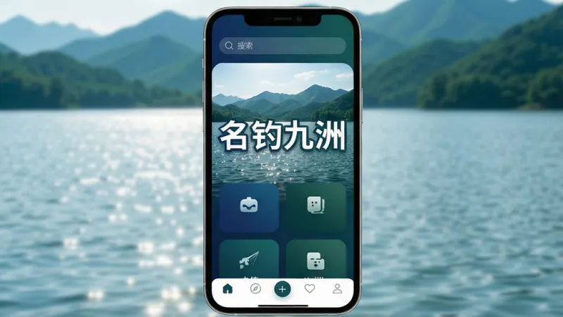 一张手机屏幕展示名钓九洲APP主界面的图片,画面中央是“名钓九洲”四个大字,背景是波光粼粼的湖面和远处的青山,界面采用深蓝色和墨绿色渐变风格,布局简洁,顶部是搜索框,中间是功能卡片式排列,底部是导航栏,风格现代扁平,细节圆润,画质干净清晰,无多余元素