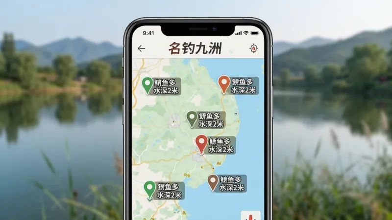 一张名钓九洲APP智能钓点推荐界面的截图,画面主体是手机屏幕,屏幕内显示一张地图,地图上有多个标记点,每个标记点旁标注着“鲫鱼多”、“水深2米”等信息,屏幕上方有“名钓九洲”Logo,背景是模糊的户外风景,风格写实,画质清晰,无多余元素