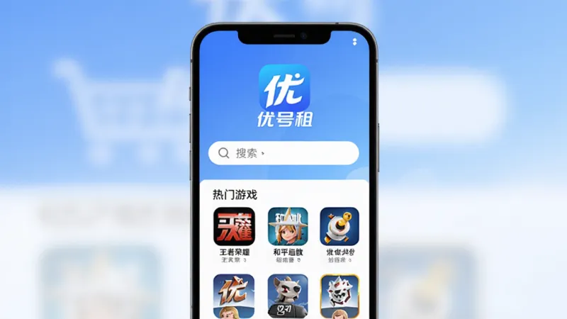优号租账号租赁平台主界面展示,手机屏幕中央显示优号租的Logo和搜索框,下方排列着热门游戏账号卡片,包括王者荣耀、和平精英等图标,背景是干净的蓝白渐变色调,界面布局清晰,文字标签明确,风格现代扁平化,细节圆润,画质干净无多余元素,整体呈现轻松便捷的租赁氛围