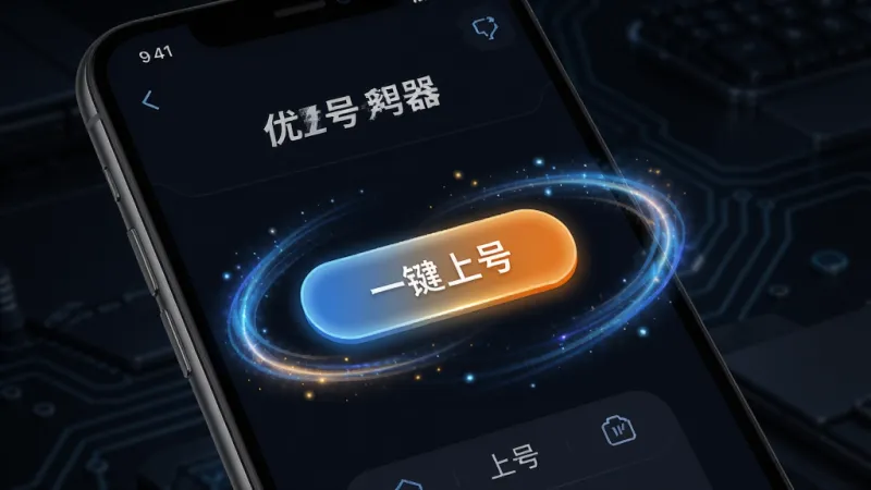 优号租一键上号功能展示,手机屏幕显示登号器界面,一个显眼的“一键上号”按钮,周围环绕着动态光效,背景是深色科技风,界面元素简洁,画质干净无多余元素,突出便捷快速的感觉