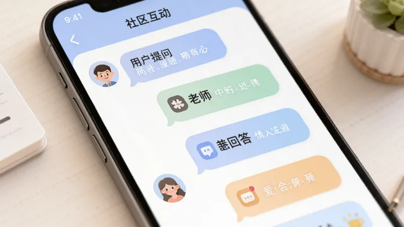 爱投顾 社区互动界面,手机屏幕显示问答列表,有用户提问和老师回答的对话气泡,界面配色柔和,图标圆润,风格亲切友好,画质干净无多余元素