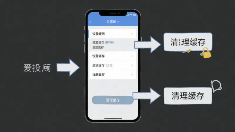 爱投顾 使用教程示意图,手机屏幕显示设置菜单和清理缓存的步骤,界面有清晰的箭头指引,风格扁平化,配色清爽,画质干净无多余元素