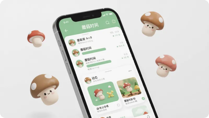 一张展示蘑菇时间App核心界面的手机模型图,画面中央是手机屏幕,屏幕内显示蘑菇时间的主界面,包含聊天列表和动态分享卡片,界面以柔和的绿色和白色为主色调,周围漂浮着几个圆润可爱的卡通蘑菇图标,背景是简洁的浅灰色,风格清新扁平化,细节精致,画质高清,干净无多余元素