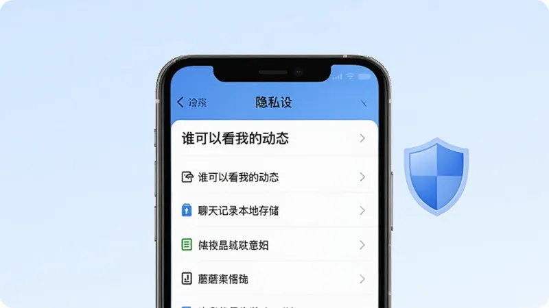 一张展示蘑菇时间隐私设置界面的示意图,画面中央是手机屏幕,屏幕内显示隐私设置选项列表,包括「谁可以看我的动态」「聊天记录本地存储」等条目,旁边有一个盾牌形状的图标,背景是淡蓝色渐变,风格安全可靠,细节清晰,画质干净,无多余元素