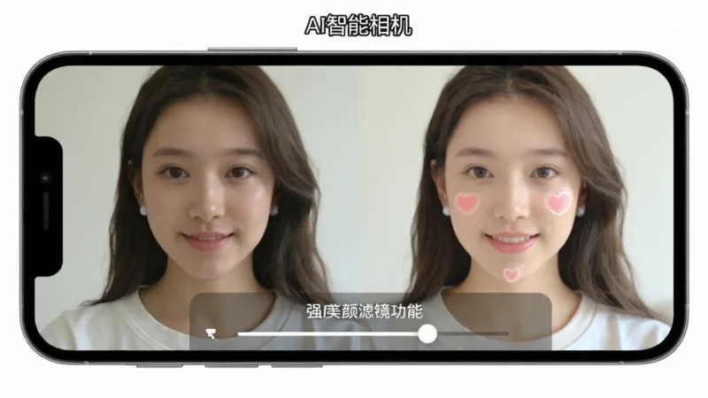 一张展示AI智能相机美颜滤镜功能的界面图,画面中手机屏幕显示同一个人像在不同滤镜下的对比效果,左侧是原图,右侧是美颜后效果,屏幕下方有滤镜强度调节滑块,风格清新自然,画质干净,图片中文字标注“AI智能相机
