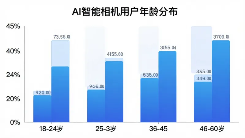一张柱状图展示AI智能相机用户年龄分布,横轴为18-24岁、25-35岁、36-45岁、46-60岁四个年龄段,纵轴为用户占比百分比,柱状图颜色为蓝色渐变,背景白色,风格简洁数据可视化,画质干净,图片中文字标注“AI智能相机用户年龄分布