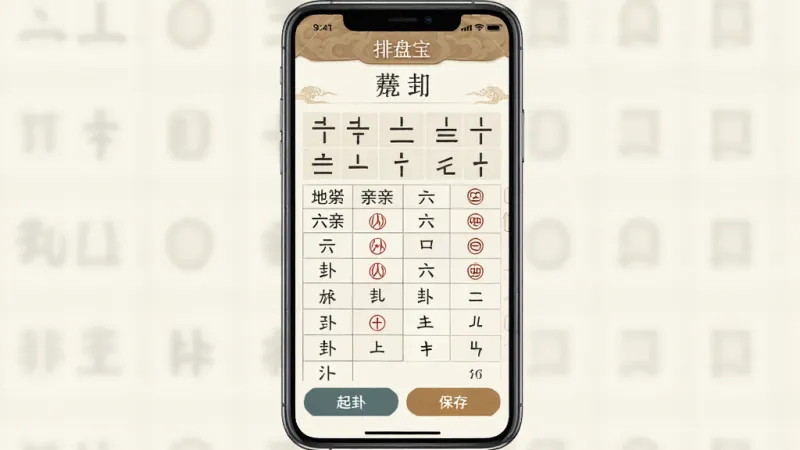 一张手机屏幕展示六爻排盘宝应用主界面,画面中央是六爻排盘宝的排盘结果页面,上方显示卦名和六爻符号,中间是地支六亲六神等信息表格,下方有起卦和保存按钮,整体布局清晰,风格简洁古典,背景为淡雅的米白色,画质干净无多余元素