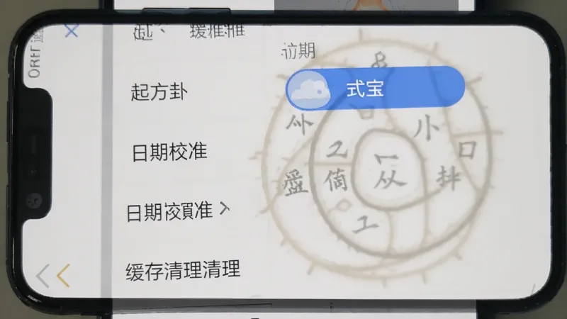 一张手机屏幕展示六爻排盘宝的设置页面,页面上有起卦方式选择、日期校准、缓存清理等选项,背景为浅色,选项文字清晰,风格简洁实用,画质干净无多余元素