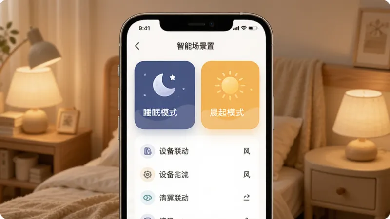 家翼e家 智能场景设置界面 手机屏幕显示睡眠模式和晨起模式卡片 卡片上有月亮和太阳图标 下方是设备联动列表 风格温馨 圆角设计 布局整齐 画质干净 无多余元素