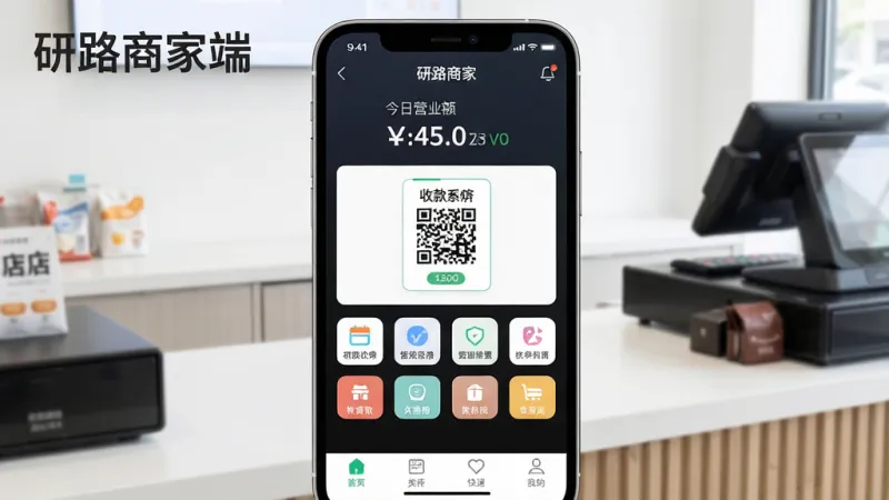 一张展示研路商家端手机APP主界面的图片，画面中央是一部现代智能手机，屏幕亮起显示APP的首页，顶部有店铺名称和今日营业额数字，中间是收款码和快捷功能图标，底部有四个导航栏，背景是干净整洁的实体店铺收银台环境，风格现代明亮，画质清晰，无多余杂物，图片中文字“研路商家端”清晰可见。