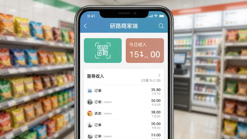 一张展示研路商家端收银界面的图片，主体是手机屏幕显示收银台页面，有扫码收款按钮、今日收入汇总和订单列表，背景是模糊的便利店货架，风格简洁商务，细节清晰，图片中文字“研路商家端”出现在屏幕顶部。
