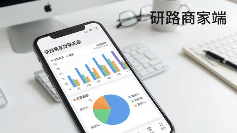 一张展示研路商家端数据报表界面的图片，手机屏幕显示柱状图和饼状图，图表颜色清晰，数据标签明确，背景是干净的办公桌面，风格专业简约，图片中文字“研路商家端”显示在报表标题旁。