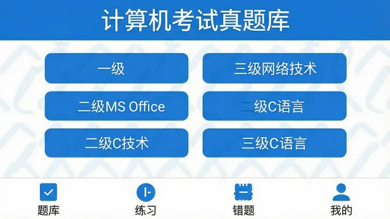 计算机考试真题库 手机App主界面截图,顶部显示“计算机考试真题库”字样,中间是计算机等级考试分类入口,包含一级、二级MS Office、二级C语言、三级网络技术等按钮,底部为题库、练习、错题、我的四个选项卡,蓝白配色,扁平化设计,界面干净整洁,无广告弹窗,画质清晰,无多余元素