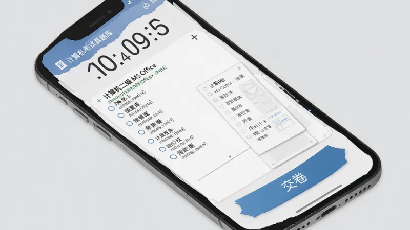 计算机考试真题库 模拟考试界面,手机屏幕显示倒计时和答题卡,题目为计算机二级MS Office选择题,选项清晰,底部有交卷按钮,背景为浅灰色,风格简洁,画质干净,无多余元素