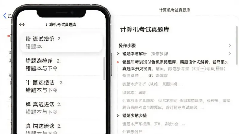 计算机考试真题库 错题本与解析界面,手机屏幕左侧显示错题列表,右侧显示题目详细解析和操作步骤,顶部有“计算机考试真题库”小字标识,背景为白色,文字清晰,排版整齐,风格简约,画质干净,无多余元素