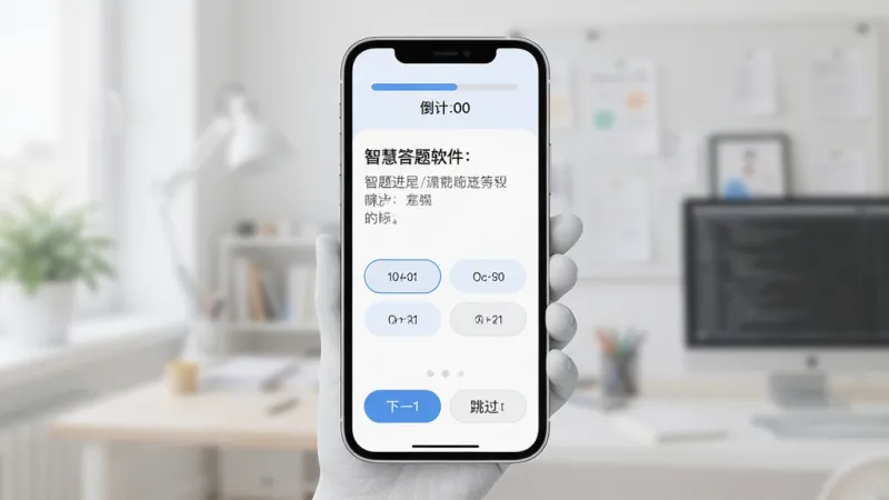 智慧答题软件主界面全景展示，主体为手机屏幕中显示答题界面，布局顶部是答题进度条和倒计时，中间是题目文字和四个选项按钮，底部是下一题和跳过按钮，排版简洁清晰，风格现代扁平化，细节圆润，画质干净，无多余元素