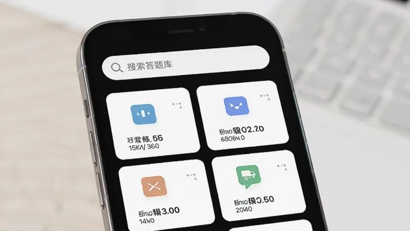 智慧答题海量题库界面展示，主体为手机屏幕中显示分类题库列表，布局上方是搜索栏，中间是多个题库分类卡片，每个卡片带有图标和题目数量，排版整齐，风格清爽简约，细节精致，画质干净，无多余元素