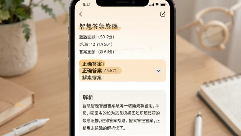 智慧答题答案解析页面展示，主体为手机屏幕中显示题目和答案详解，布局上方是题目回顾，中间是正确答案高亮显示，下方是解析文字区域，排版层次分明，风格温和舒适，细节清晰，画质干净，无多余元素
