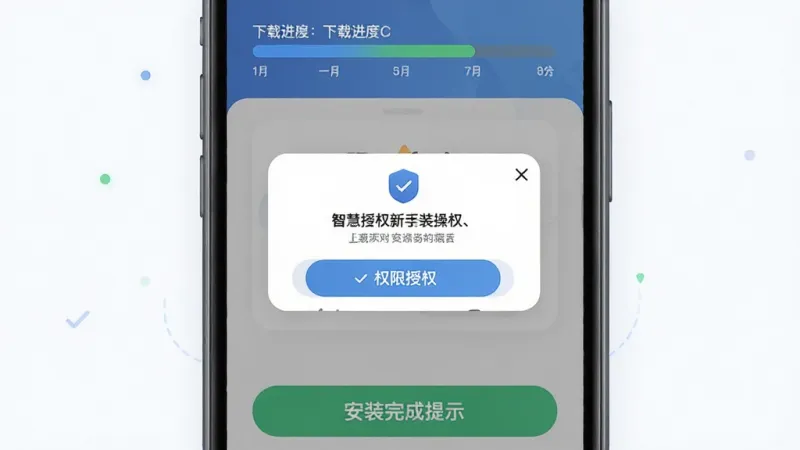 智慧答题新手安装操作步骤示意图，主体为手机屏幕中显示安装引导界面，布局上方是下载进度条，中间是权限授权弹窗，下方是安装完成提示，排版清晰直观，风格简洁明快，细节圆润，画质干净，无多余元素