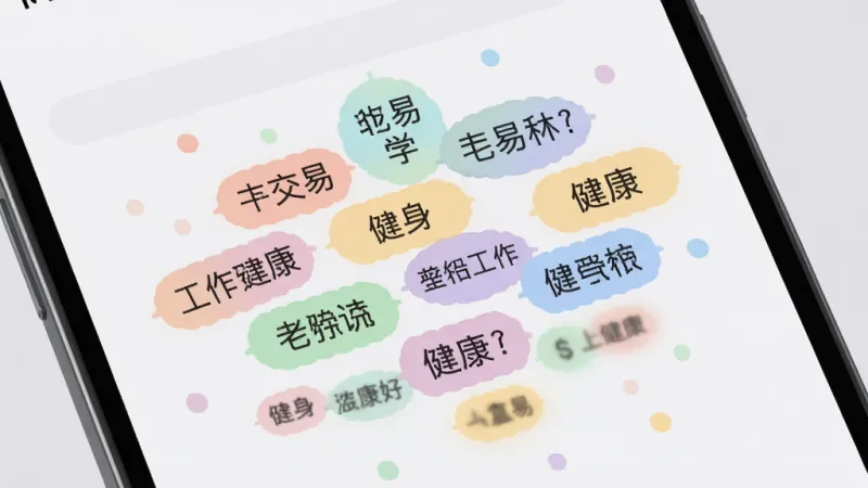 复盘盒子 功能标签界面 主体是手机屏幕显示彩色标签云 标签包含交易工作健身等词汇 布局错落有致 背景为浅灰色 标签颜色柔和 排版活泼 风格清新 细节清晰 画质干净 无多余元素