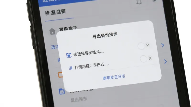 复盘盒子 导出备份操作界面 主体是手机屏幕显示导出对话框 包含选择导出格式和存储路径的选项 布局在白色弹窗中 背景为浅色主界面 排版简洁 风格实用 细节清晰 画质干净 无多余元素