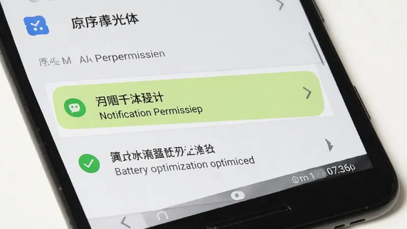 一张手机屏幕截图风格的图片，展示序光体应用在安卓手机上的权限设置页面，页面中高亮标注了通知权限和电池优化选项，背景为浅色，风格简洁明了，画质清晰，无多余元素