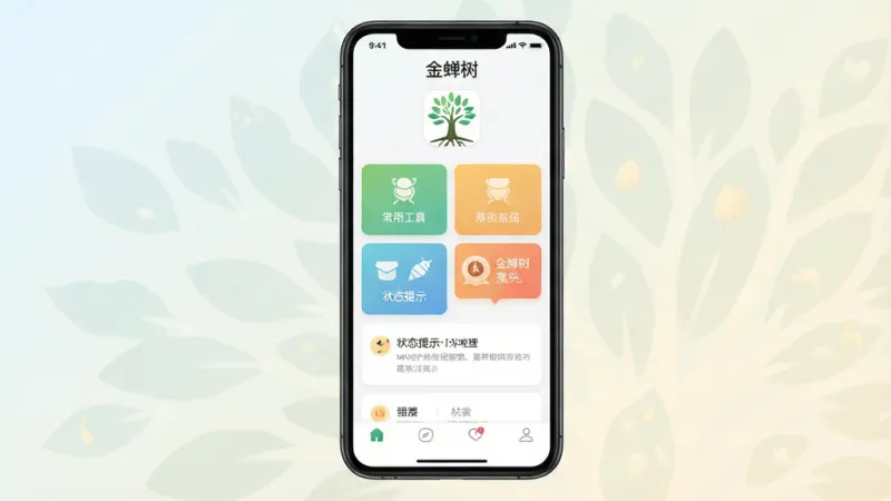 一张展示“金蝉树”App核心全貌的手机应用界面截图,主体是手机屏幕居中放置,屏幕内显示金蝉树App的首页,顶部有软件名称“金蝉树”和简洁的树形图标logo,中间是功能卡片式布局,包含常用工具入口和状态提示,底部为导航栏,背景是浅色渐变,整体风格现代简约扁平化,画质清晰干净,无多余元素