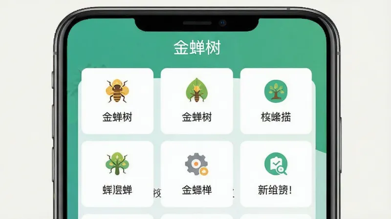 一张展示“金蝉树”App功能集合界面的手机截图,画面中手机屏幕显示多个功能卡片整齐排列,卡片上有图标和简短文字说明,顶部标题为“金蝉树”,整体布局清晰,风格简洁明快,背景为纯色,画质干净,无多余装饰元素