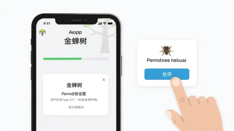 一张展示“金蝉树”App在手机上安装和权限设置界面的示意图,画面中手机屏幕显示安装进度条和权限授权弹窗,旁边有手指点击“允许”的动作示意,背景简洁,风格扁平化,画质清晰,无多余元素