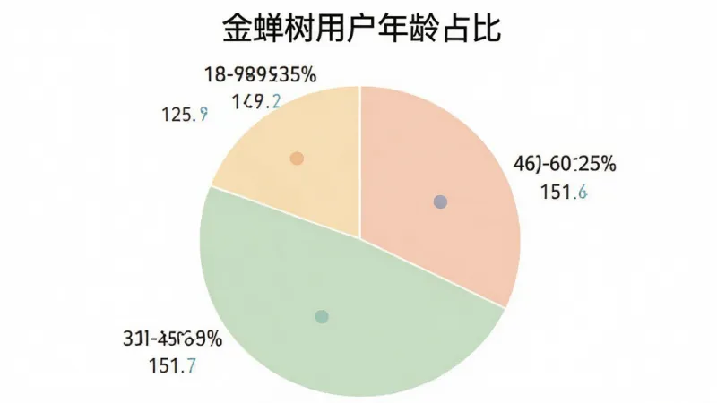 一张展示“金蝉树”用户年龄分布的饼状图,图表标题为“金蝉树用户年龄占比”,图中显示18-30岁占比约35%,31-45岁占比约40%,46-60岁占比约25%,配色柔和,风格简洁,数据标签清晰,背景干净,无多余元素
