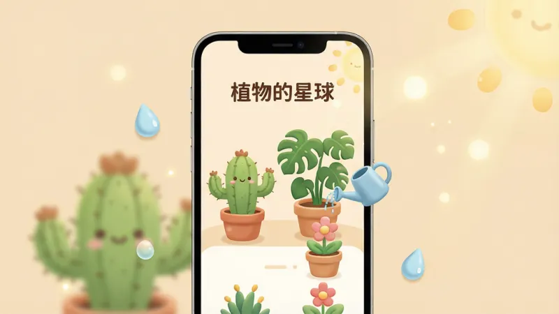 软件核心全貌展示图,画面中央是一部手机,手机屏幕上显示“植物的星球”应用主界面,界面中有几盆可爱的卡通植物,包含仙人掌、龟背竹和一朵正在浇水的小花,背景是温暖柔和的米黄色,周围漂浮着水滴和阳光光斑,布局简洁,风格清新治愈,细节圆润,画质干净,无多余元素。